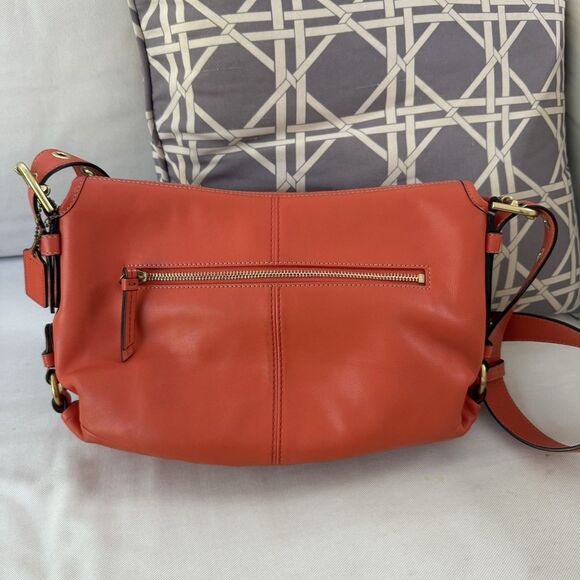 Auth Coach Leather Z23987 Medium Flap Shoulder Crossbody Duffle Bag Orange Coral - Picture 2 of 16